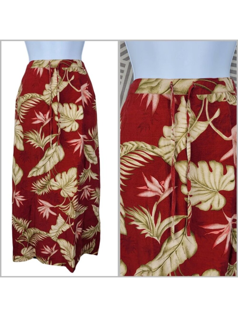 Hawaiian Tropical Skirt XL 1X Elastic Waist Silk Linen Burd Of Paradise Red Leaf